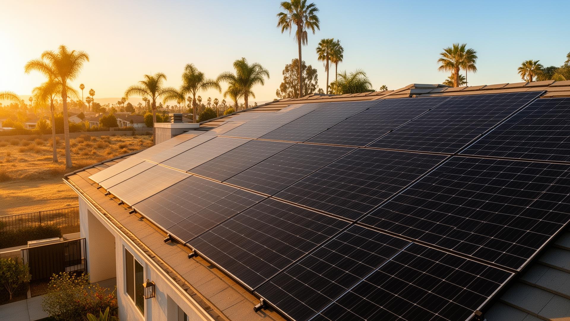 Modern Menifee home at golden hour with premium black solar panels installed on the roof