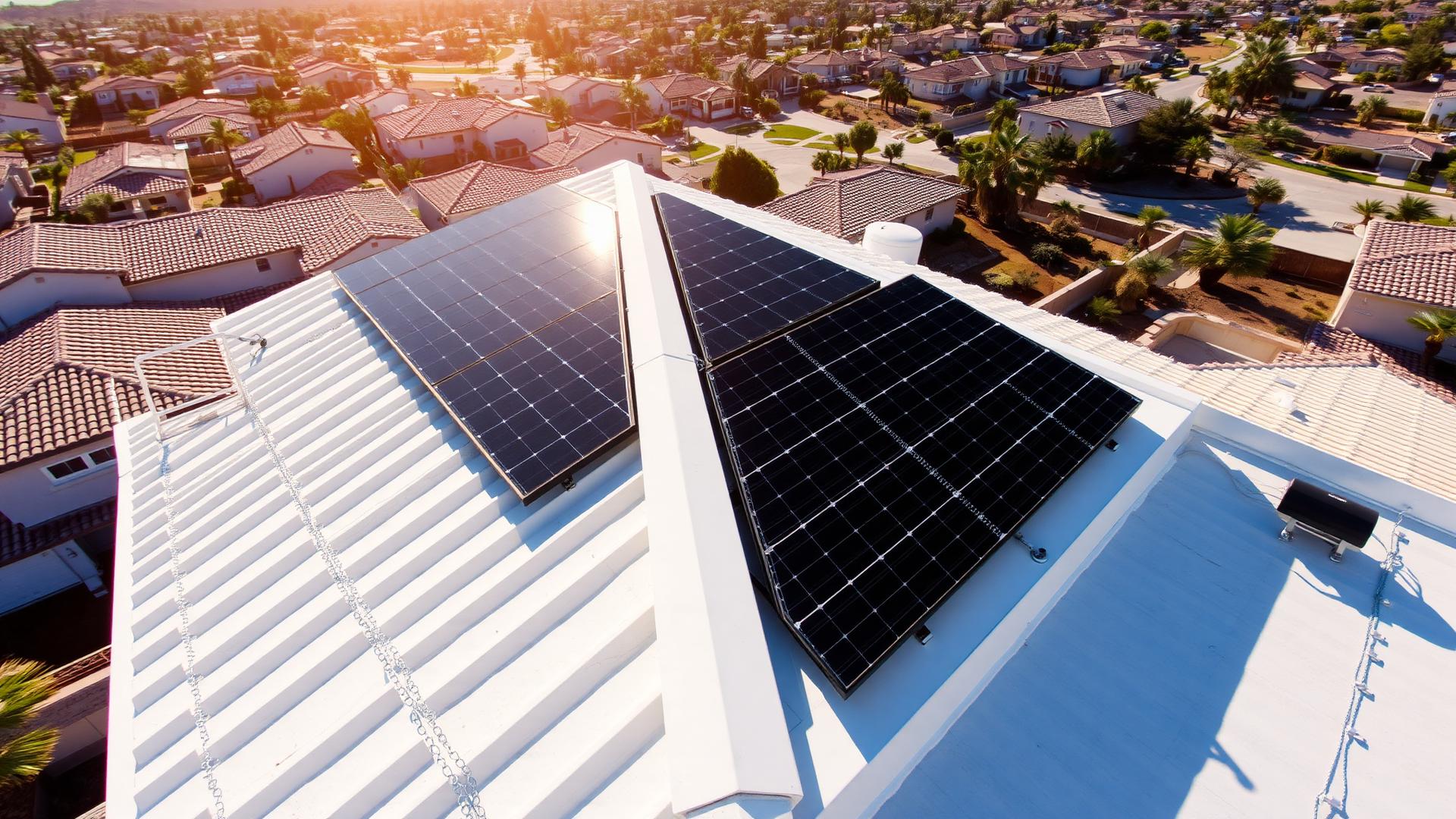 Aerial view of solar panels being installed on a Southern California rooftop